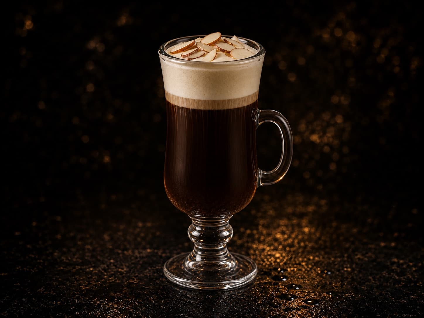 Amaretto Coffee i ett glas med mörkt kaffe, ljust gräddlager och mandelton.