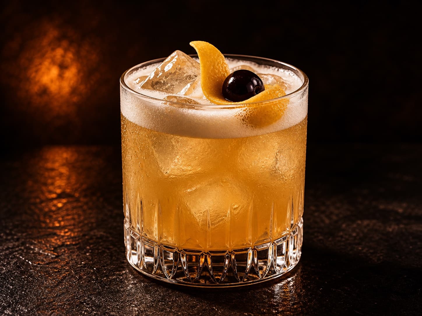 Amaretto Sour i ett lågt glas med is och ljust, luftigt skum.