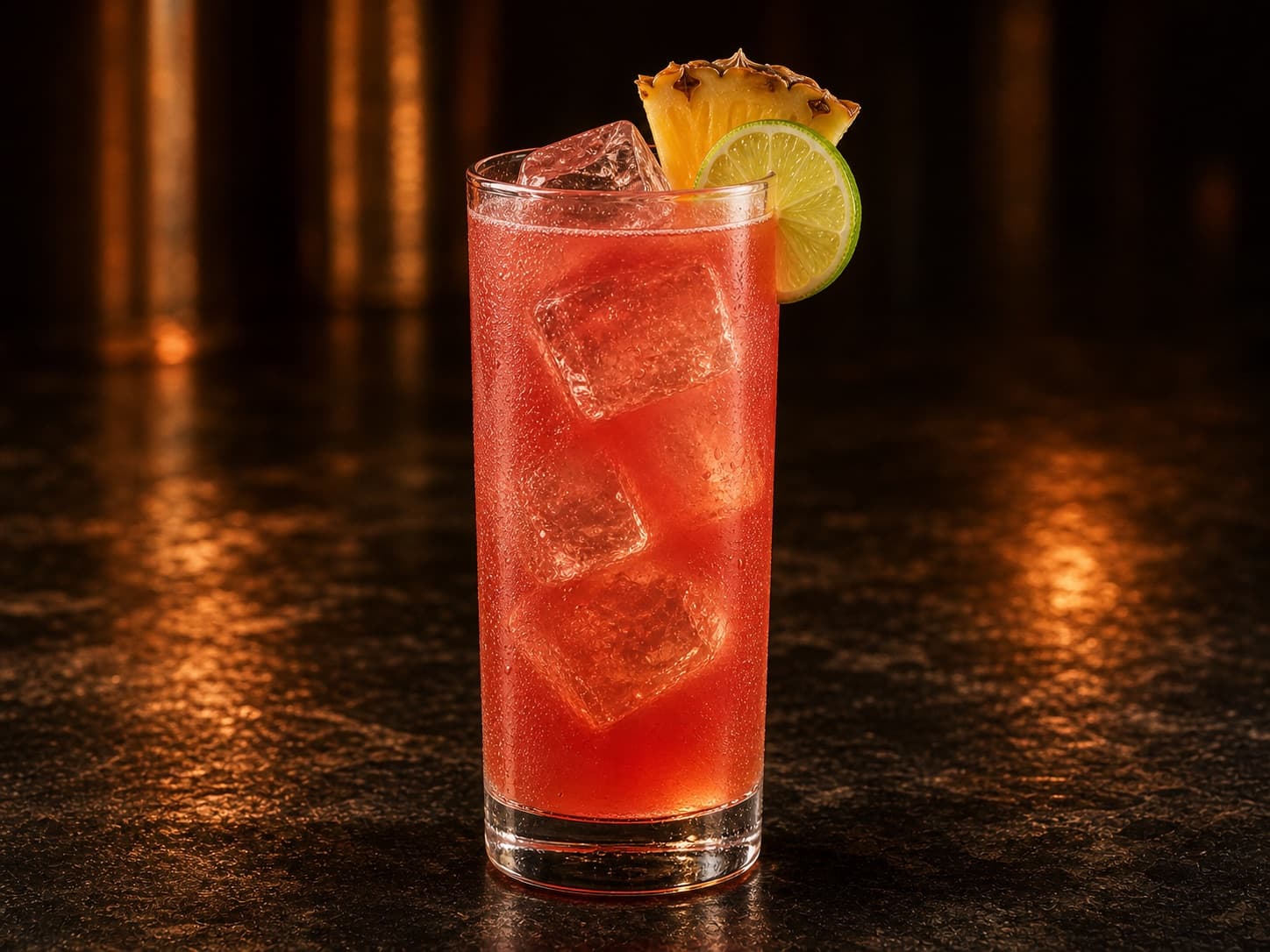 Bay Breeze i ett highballglas fyllt med is och ljust rosa-orange fruktdrink.
