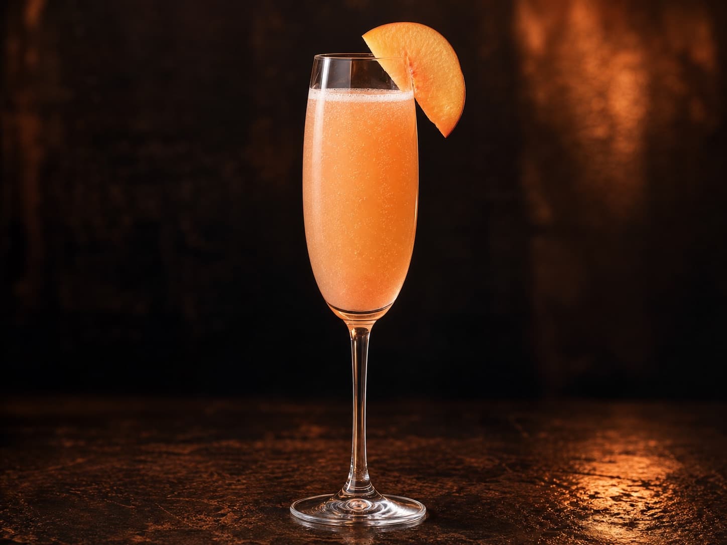 Bellini i ett champagneglas med persikofärgad dryck och en tunn persikoskiva.