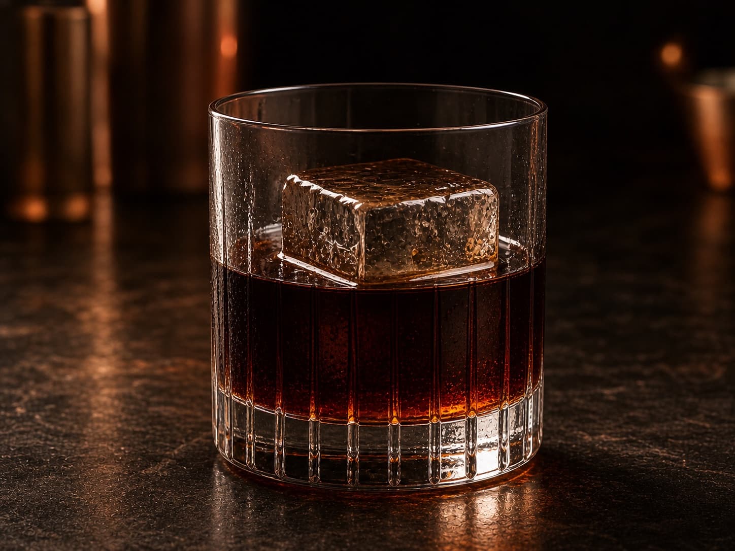 Black Russian i ett lågt glas med stora iskuber och mörk kaffefärgad drink.