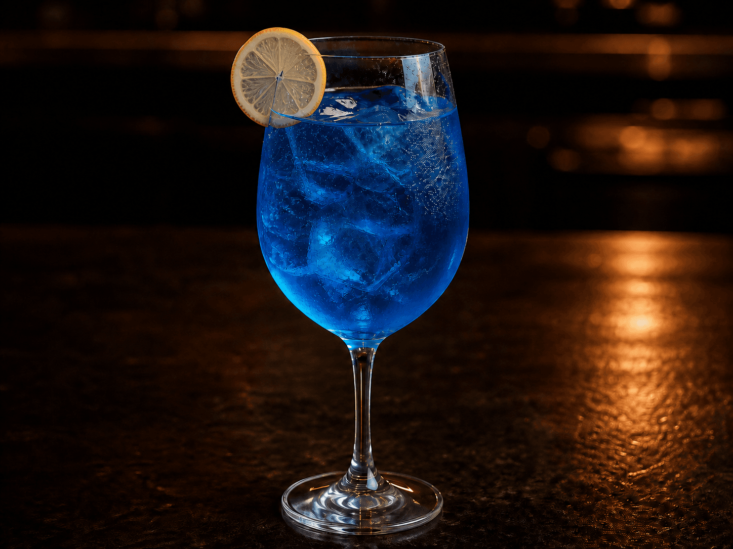 Blue Curaçao Spritz i ett stort vinglas med is, klar blå bubblig drink och citronskiva.