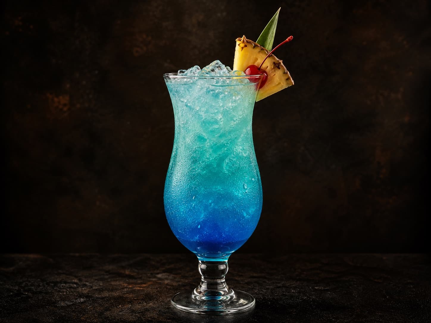 Blue Hawaii i ett hurricaneglas med is, klar turkosblå drink samt en cocktailpinne med ananas och maraschinokörsbär.