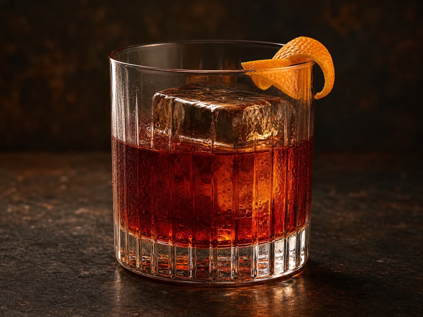 Boulevardier i ett lågt glas över en stor iskub med apelsinzest.