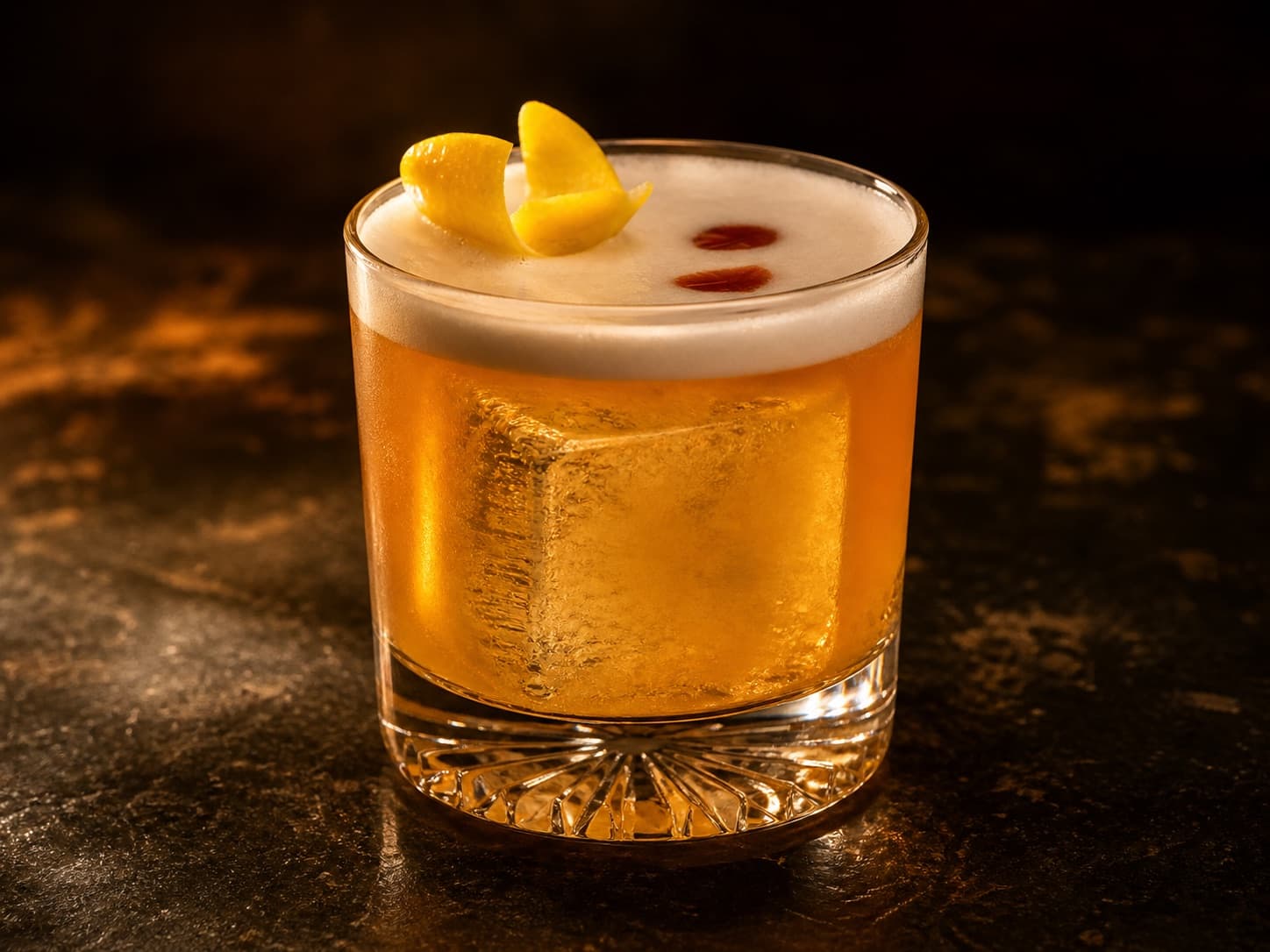 Bourbon Sour i ett lågt glas över en stor iskub med ljust skum och citronzest.