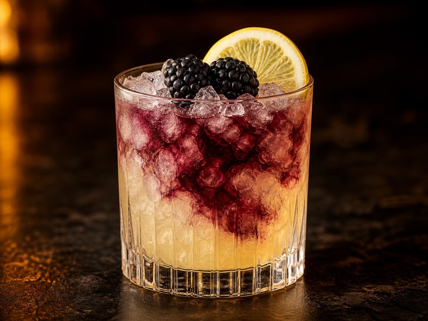Bramble i ett lågt glas med krossad is, ljust citrongul drink och mörklila björnbärsswirls.
