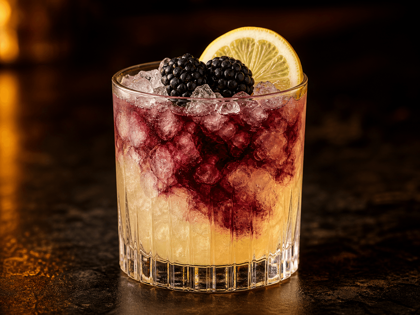 Bramble i ett lågt glas med krossad is, ljust citrongul drink och mörklila björnbärsswirls.