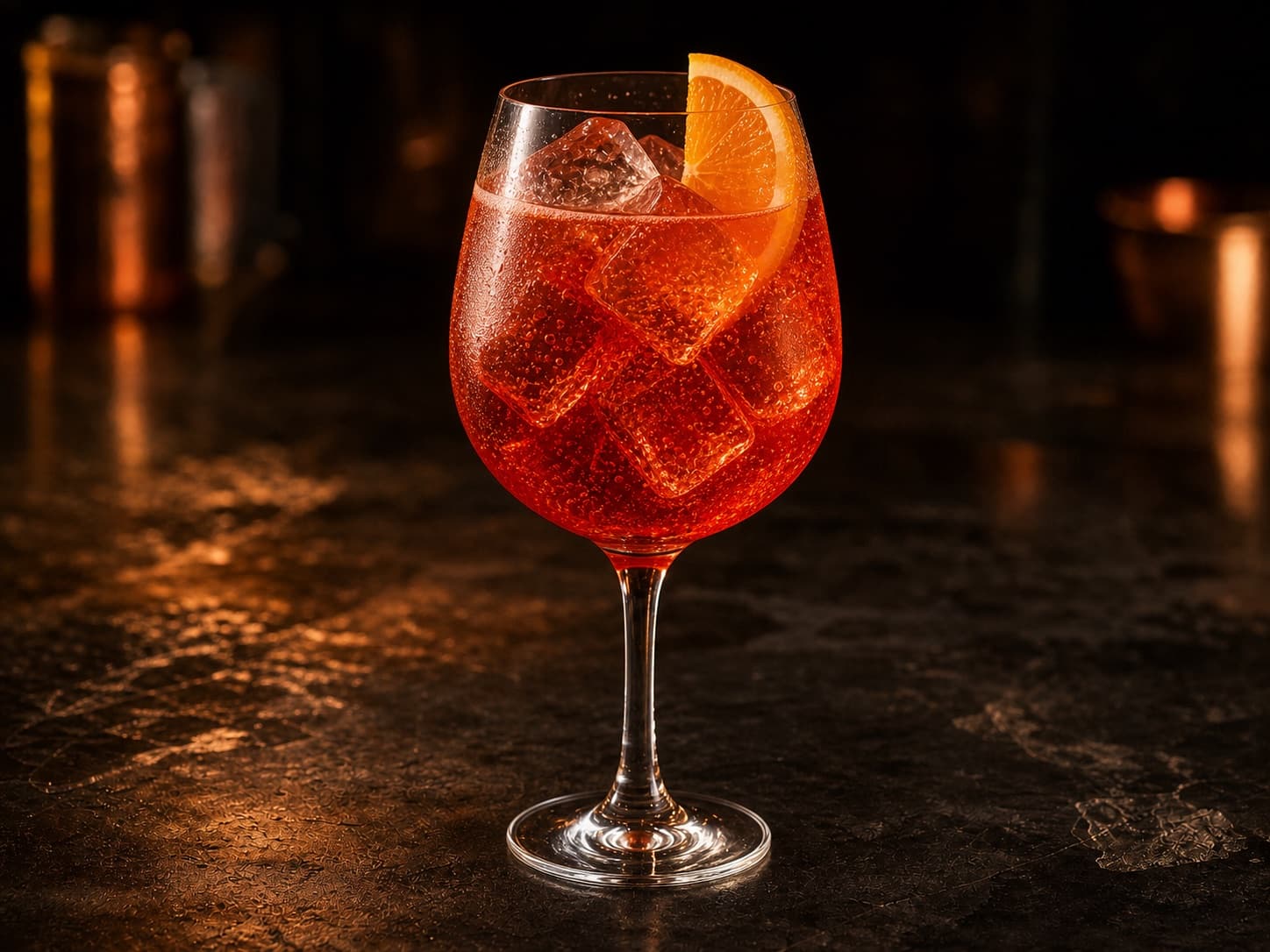 Campari Spritz i ett stort vinglas med is, rödorange bubblig drink och apelsinskiva.