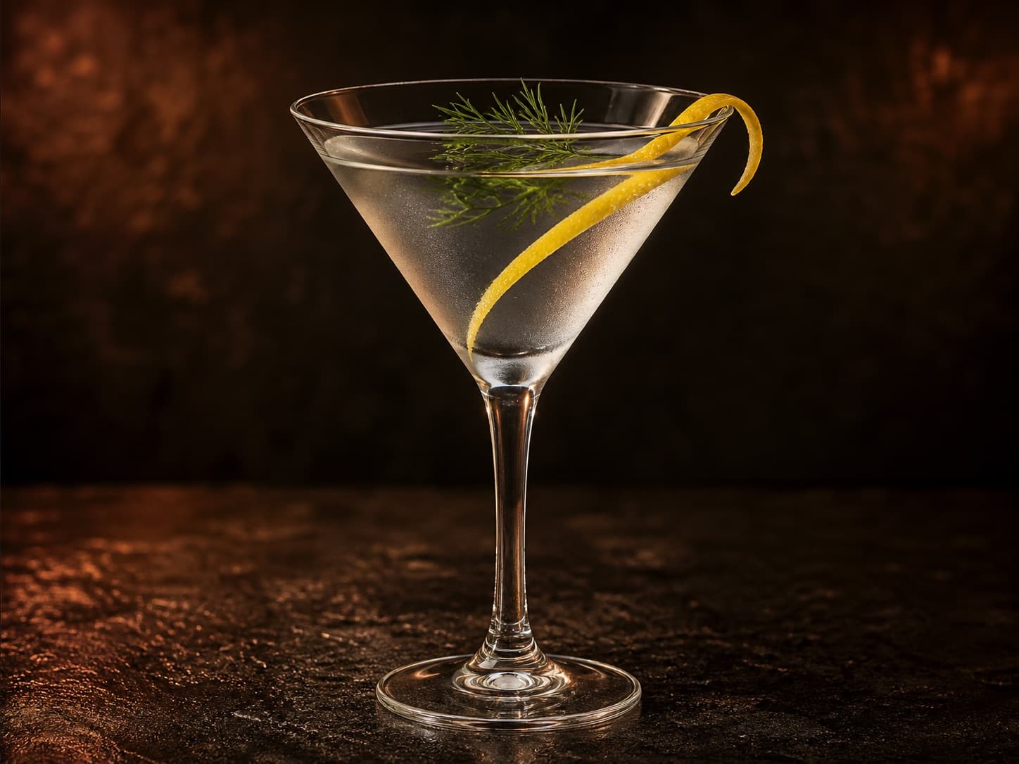 Dill Martini i ett kylt martiniglas med citronzest och dillkvist.