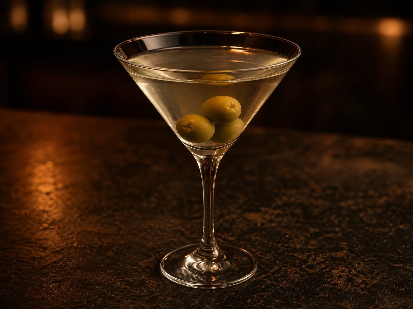Dirty Martini i ett kylt martiniglas med ljust olivtonad drink och tre gröna oliver.
