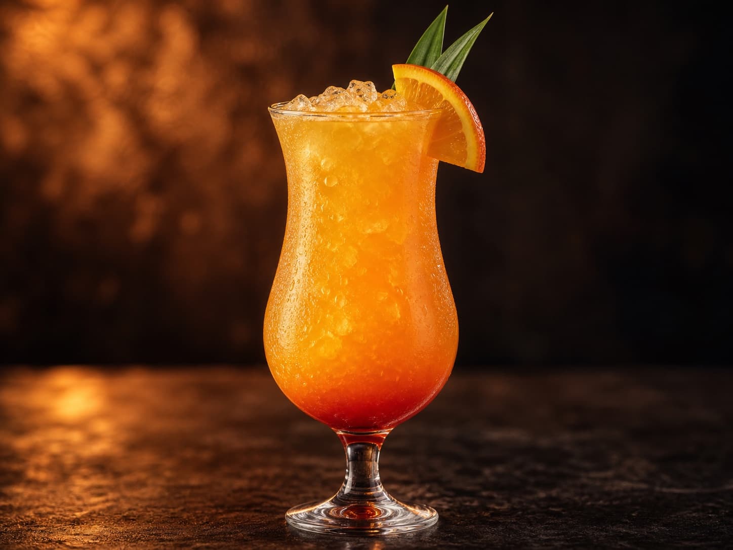 Donkey Punch i ett hurricaneglas med orange drink, röd grenadinton i botten och krossad is.