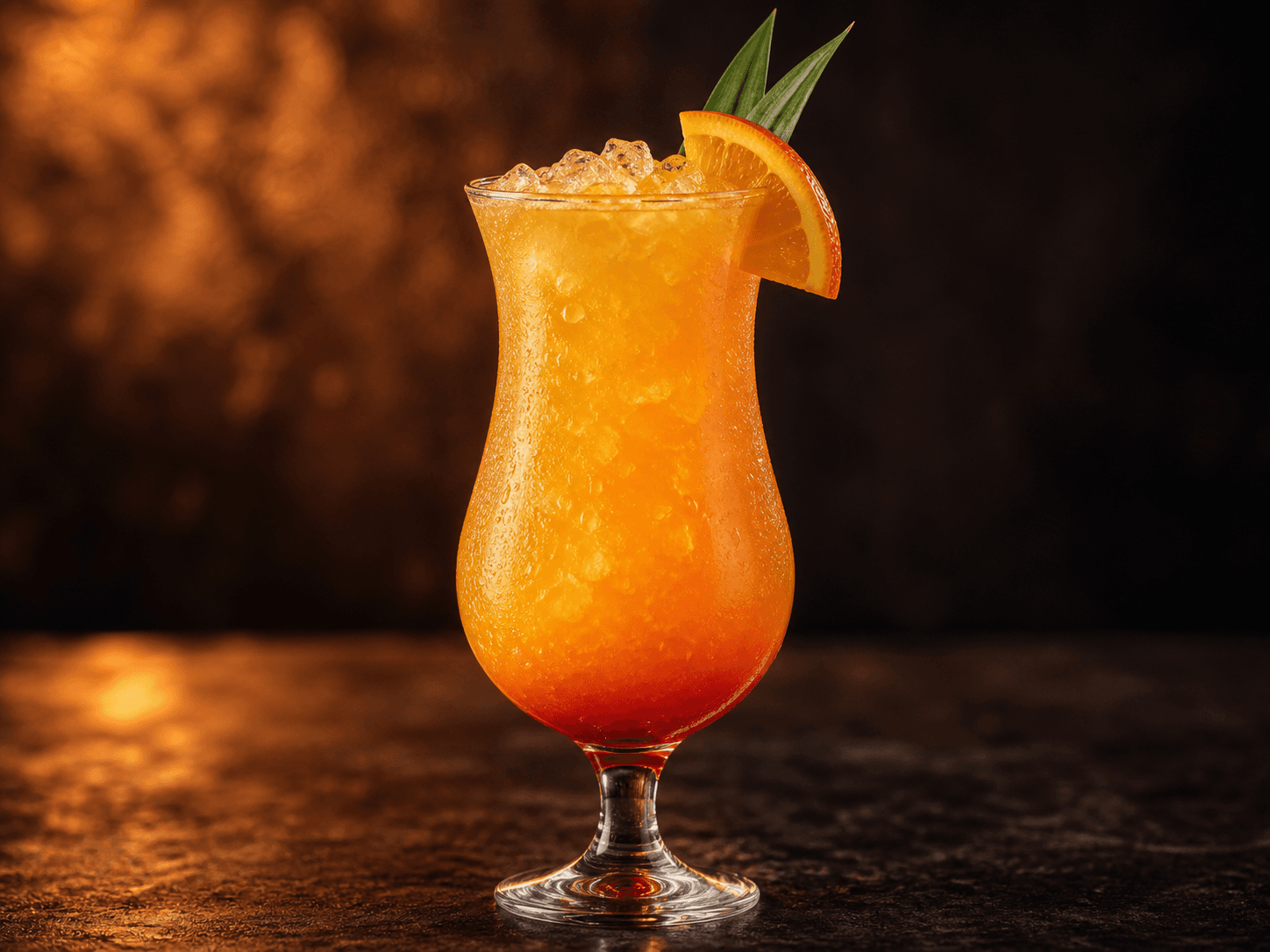 Donkey Punch i ett hurricaneglas med orange drink, röd grenadinton i botten och krossad is.