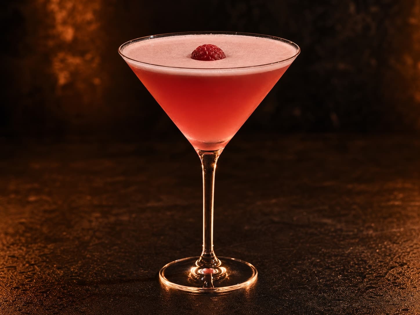 French Martini i ett kylt martiniglas med rosa cocktail och ett färskt hallon.