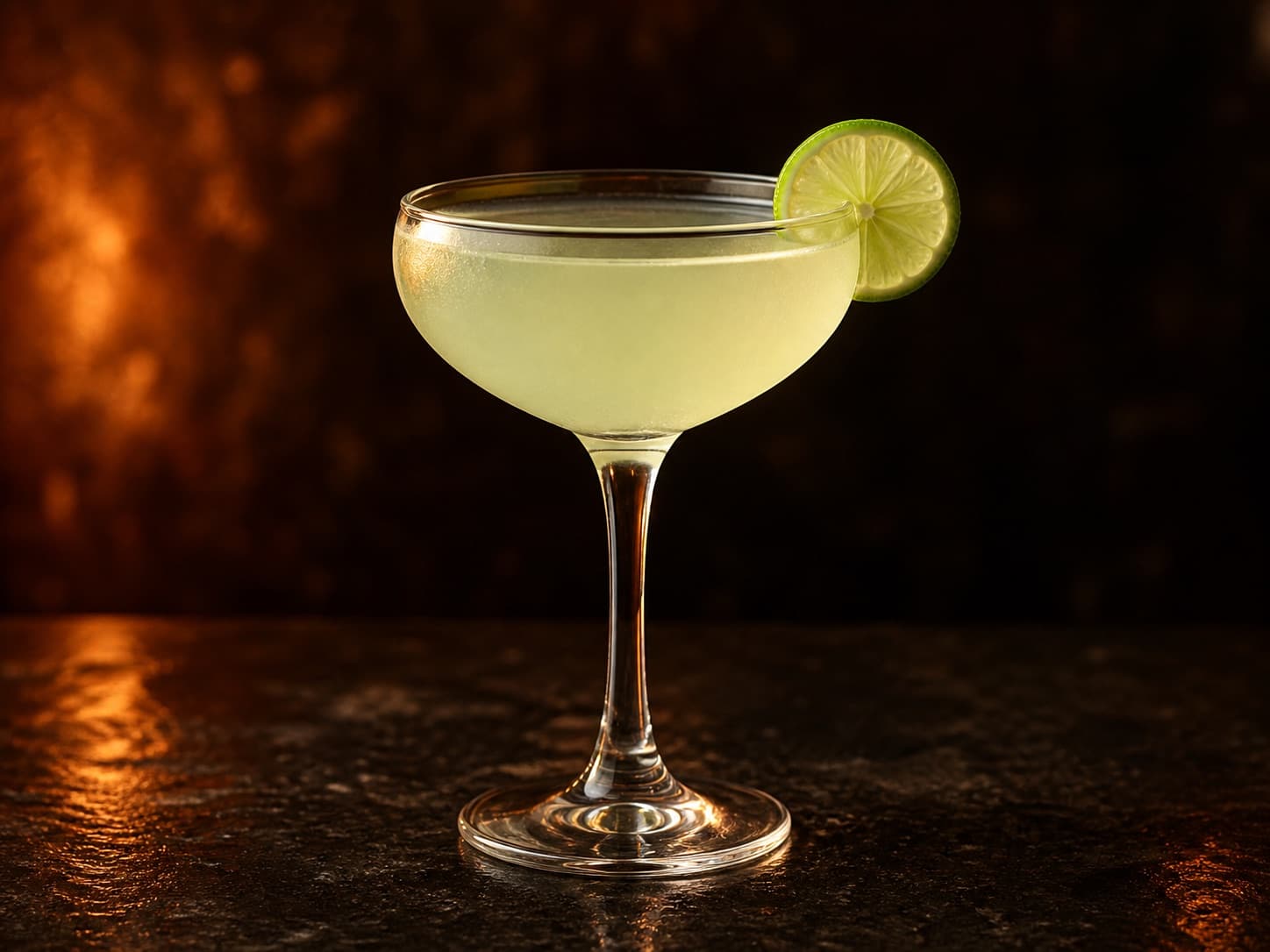 Gimlet i ett kylt coupeglas med klar, ljust grönaktig drink.