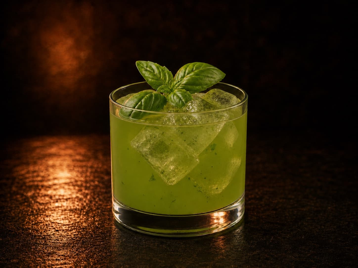 Gin Basil Smash i ett lågt glas med is, klargrön drink, färsk basilika och citron.
