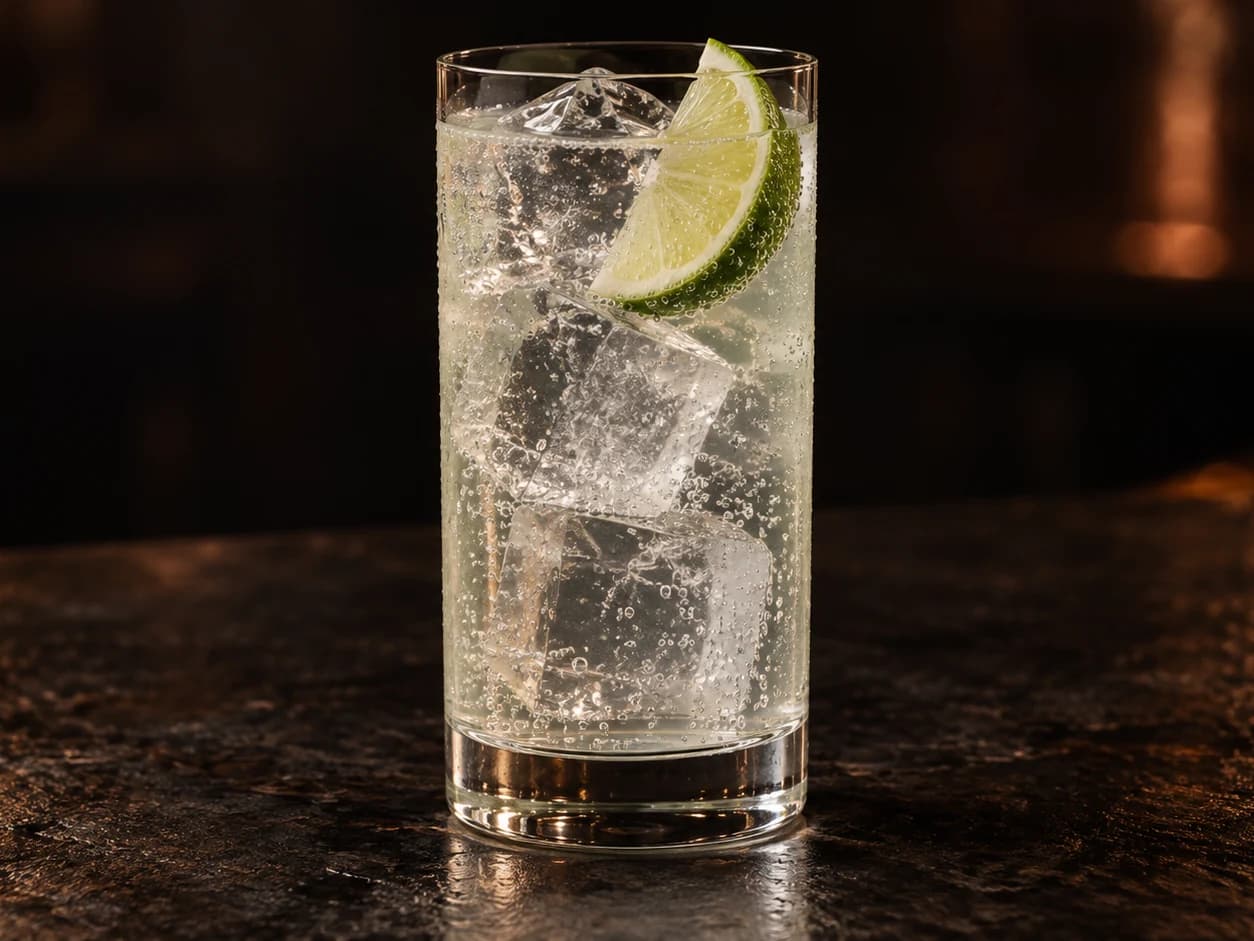 Gin Rickey i ett högt glas med klara iskuber, lime och bubblor.