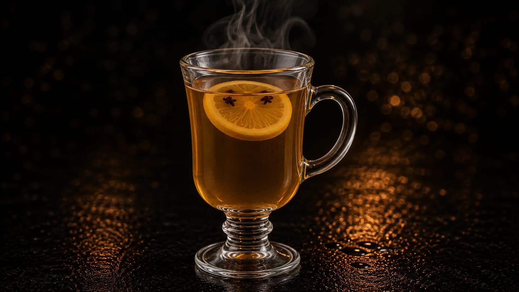 Hot Toddy i ett värmetåligt glas med klar bärnstensfärgad drink, ånga, citronskiva och två kryddnejlikor.