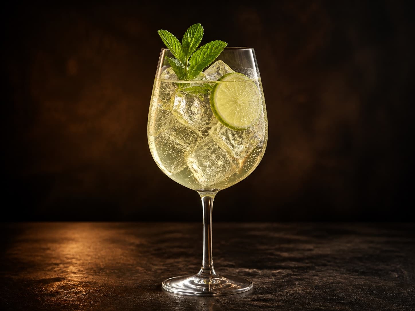 Hugo Spritz i ett stort vinglas med is, mynta och en skiva lime.