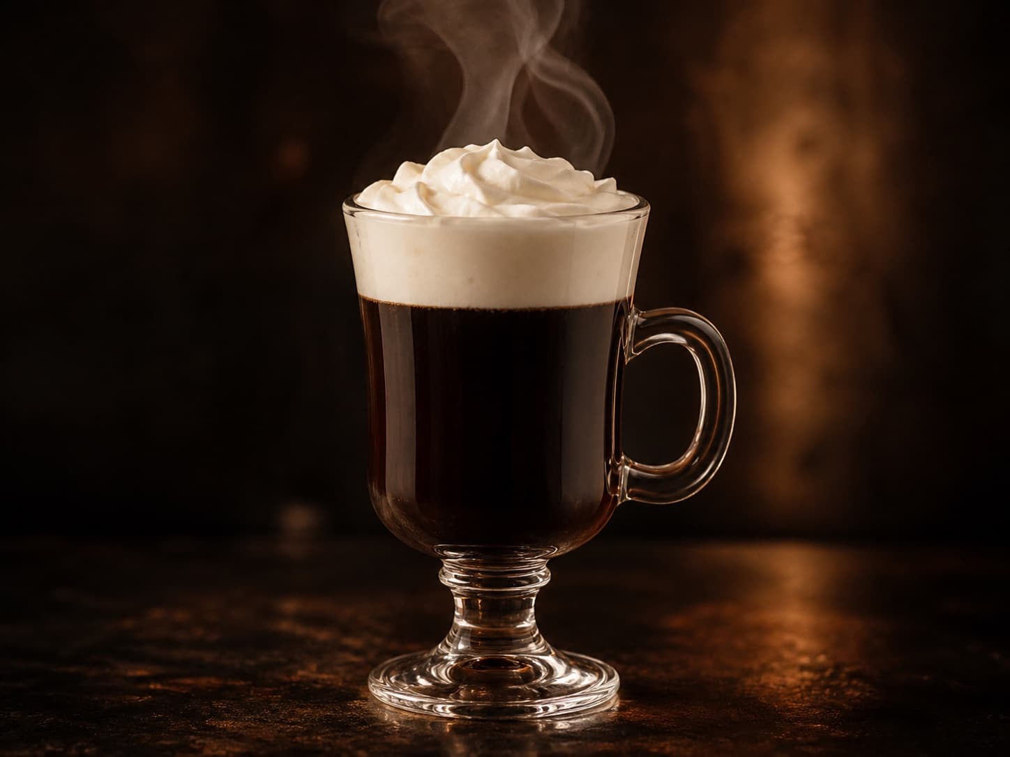 Irish Coffee i ett klart glas med mörkt kaffe, ett tjockt lager lättvispad grädde och ånga.
