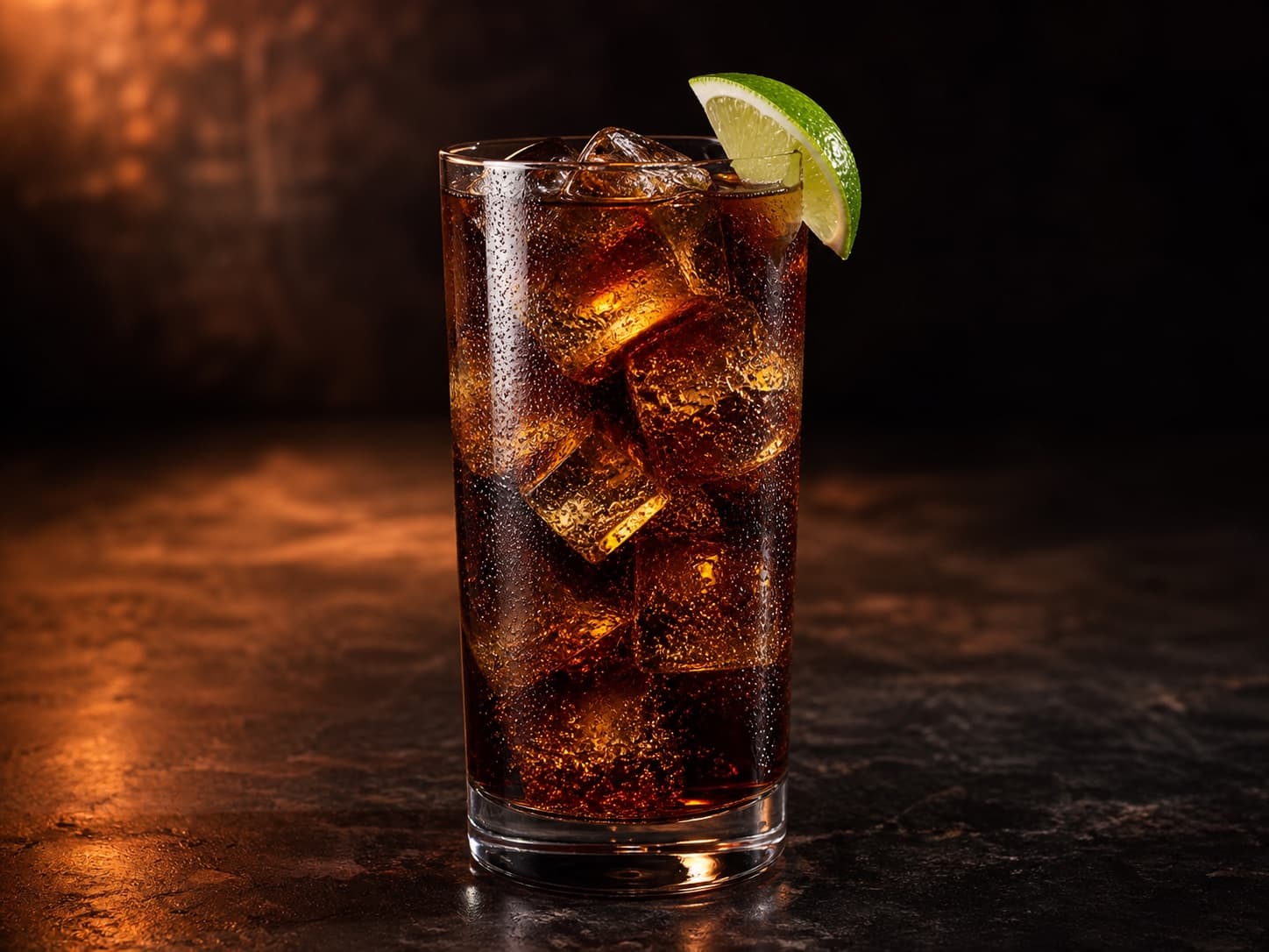 Jack and Coke i ett highballglas med cola, is och lime.