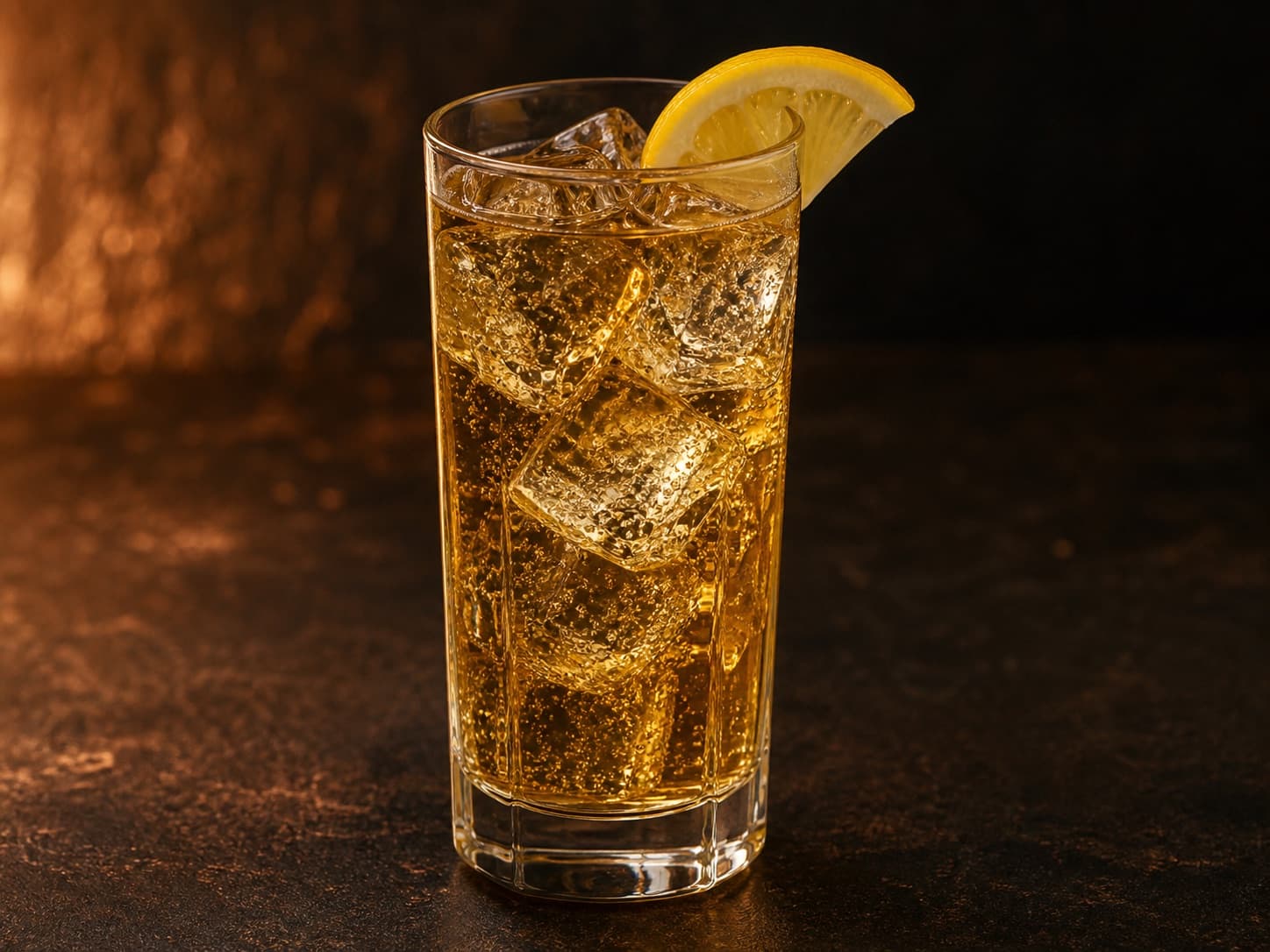 Johnnie Ginger i ett highballglas med gyllene drink, is och citron.