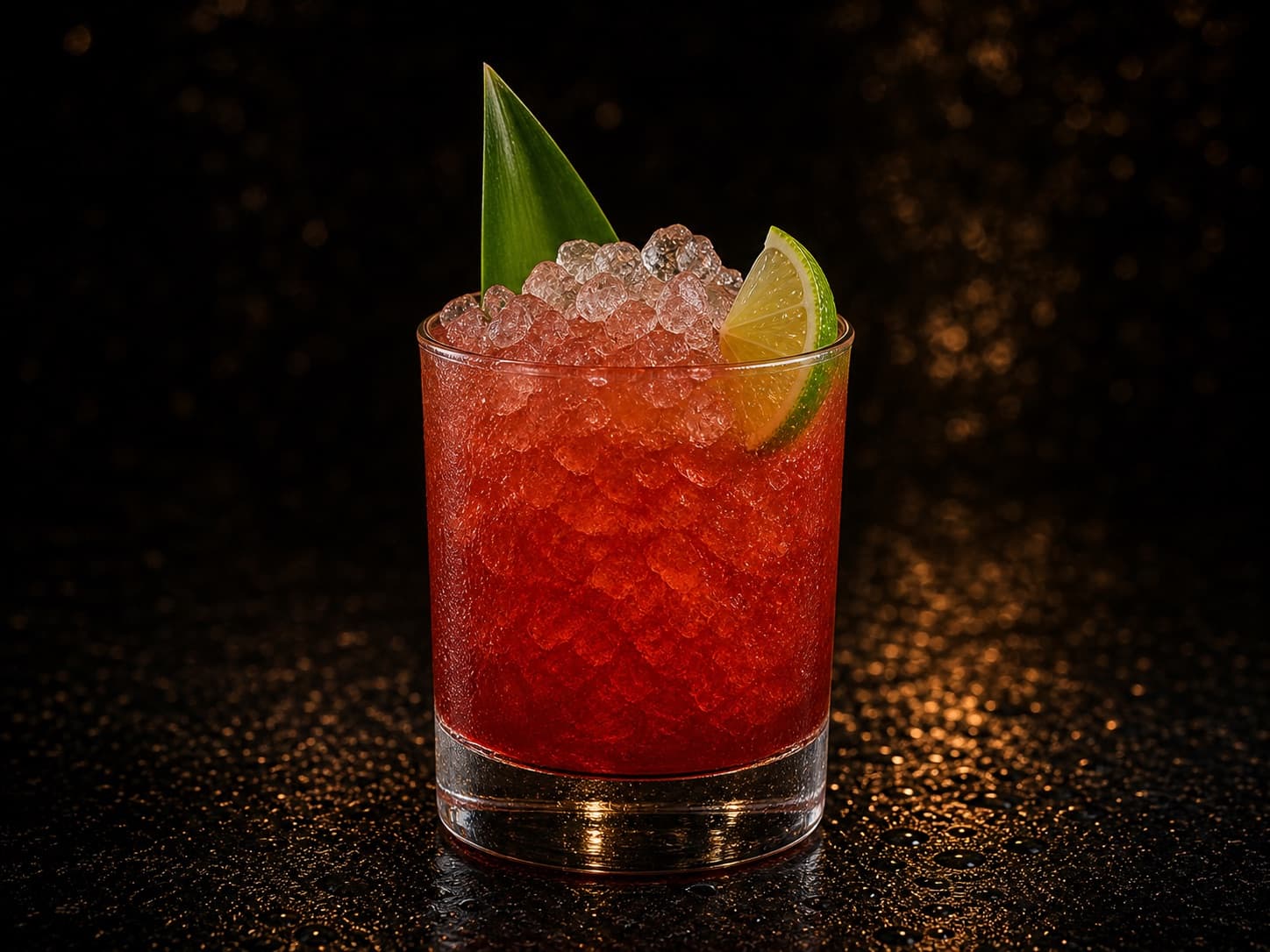 Jungle Bird i ett lågt glas med rödorange cocktail, is och limeklyfta.