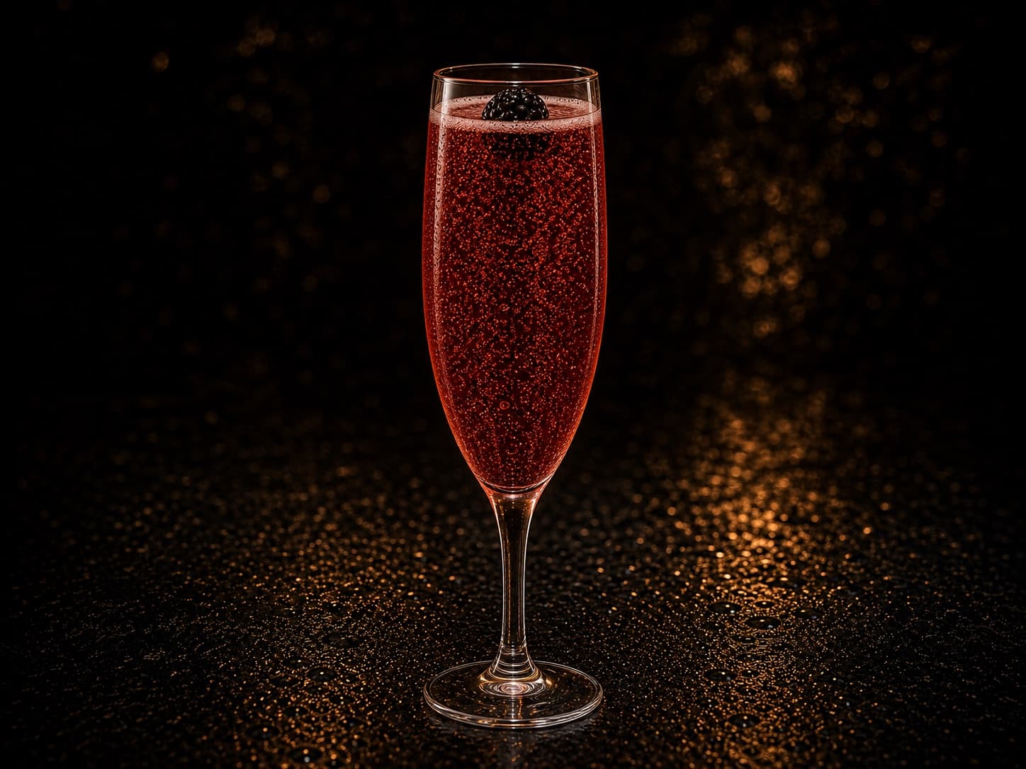 Kir Royale i ett champagneglas med djupt rosaröd bubblig drink och björnbär.