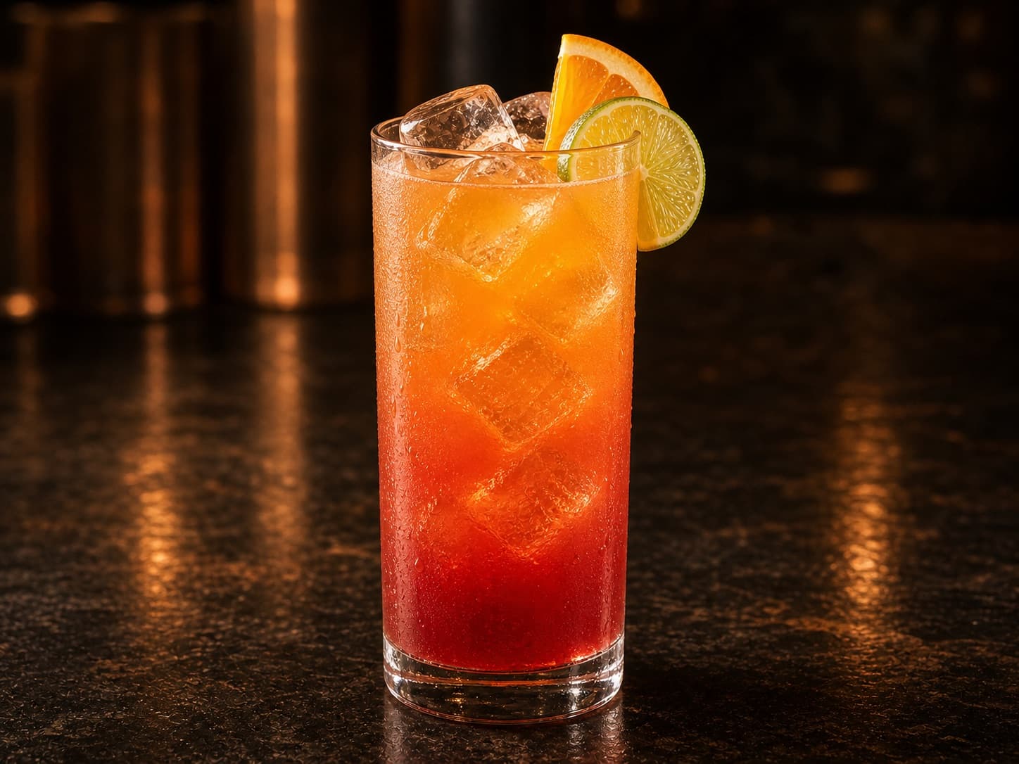 Madras i ett highballglas fyllt med is och klar rödorange fruktdrink.