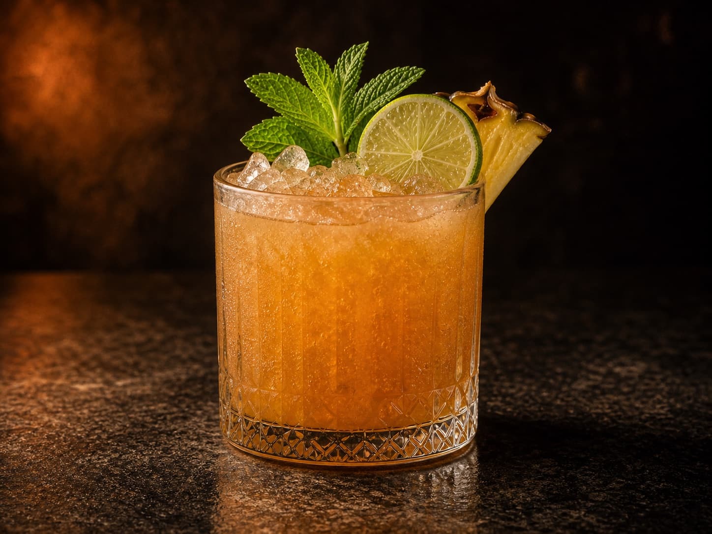 Mai Tai i ett lågt glas fyllt med krossad is.