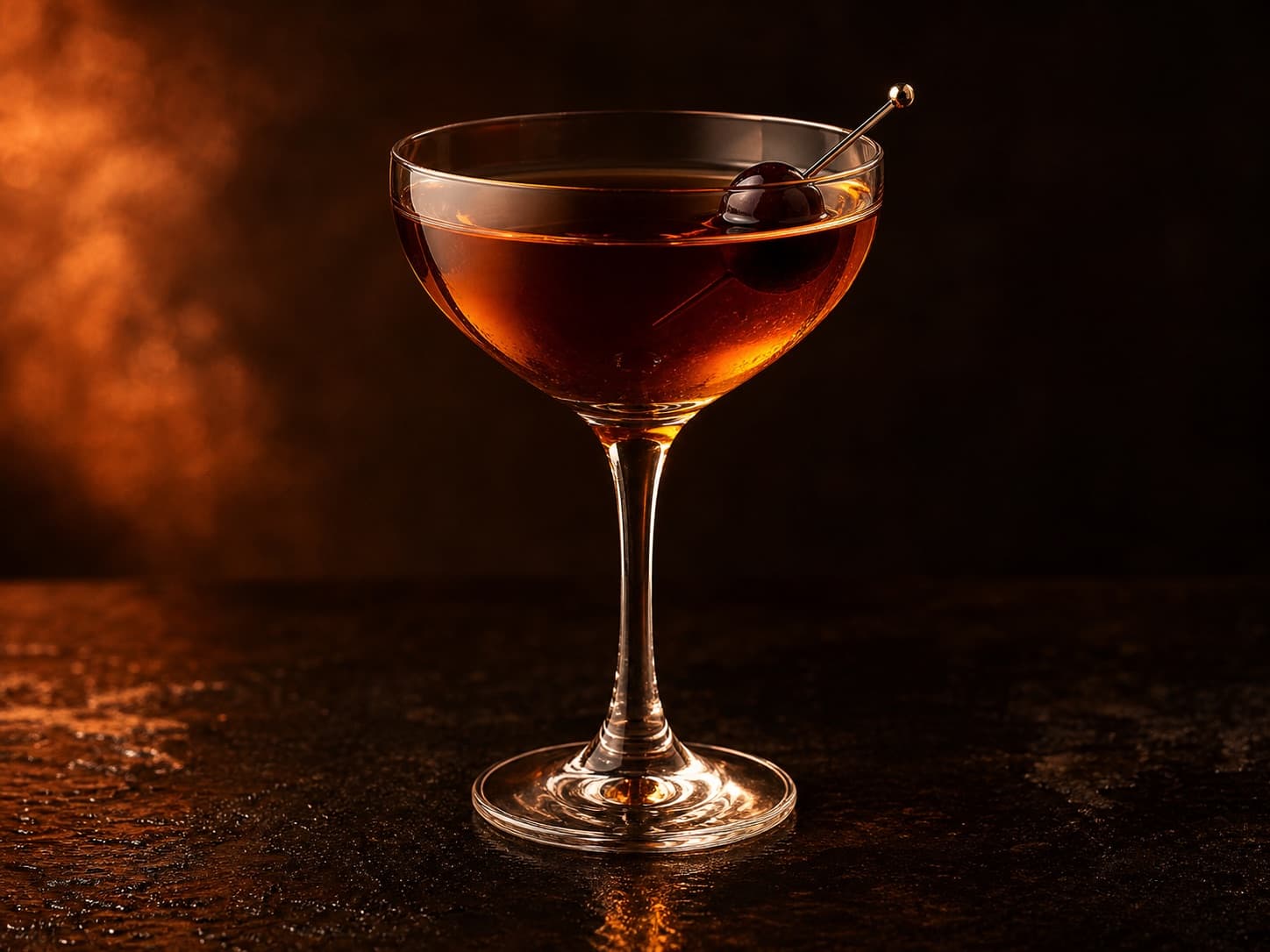 Manhattan i ett kylt martiniglas med klar rödbrun drink och apelsinzest.