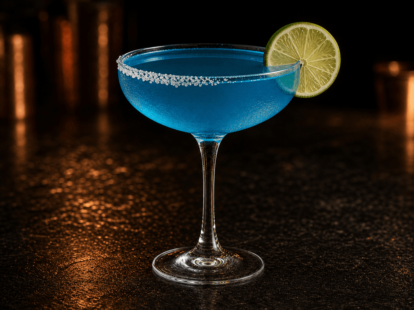 Margarita Azul i ett kylt coupeglas med blå drink, salt kant och limeskiva.