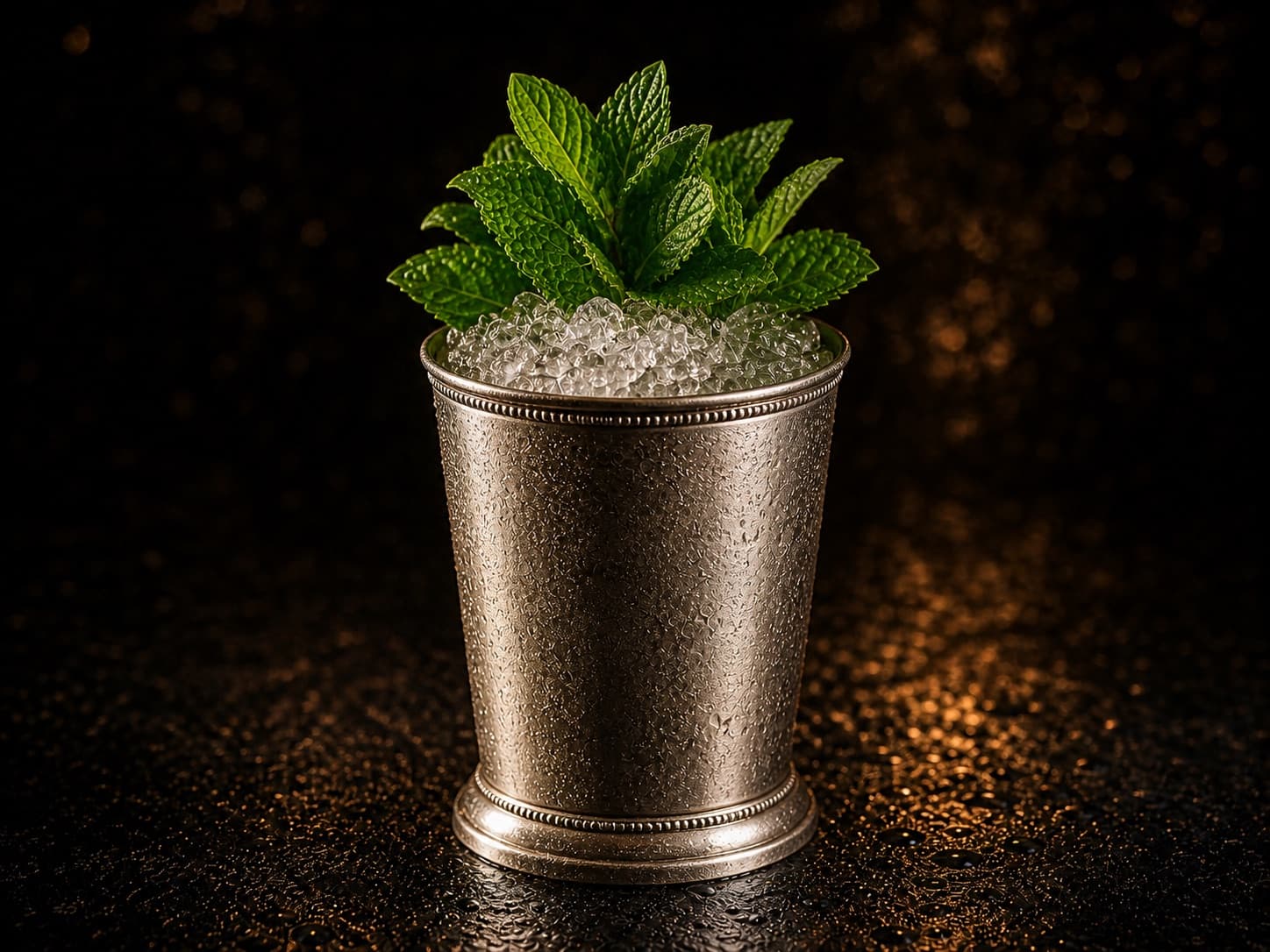 Mint Julep i en silverfärgad julepkopp fylld med krossad is och stor myntabukett.