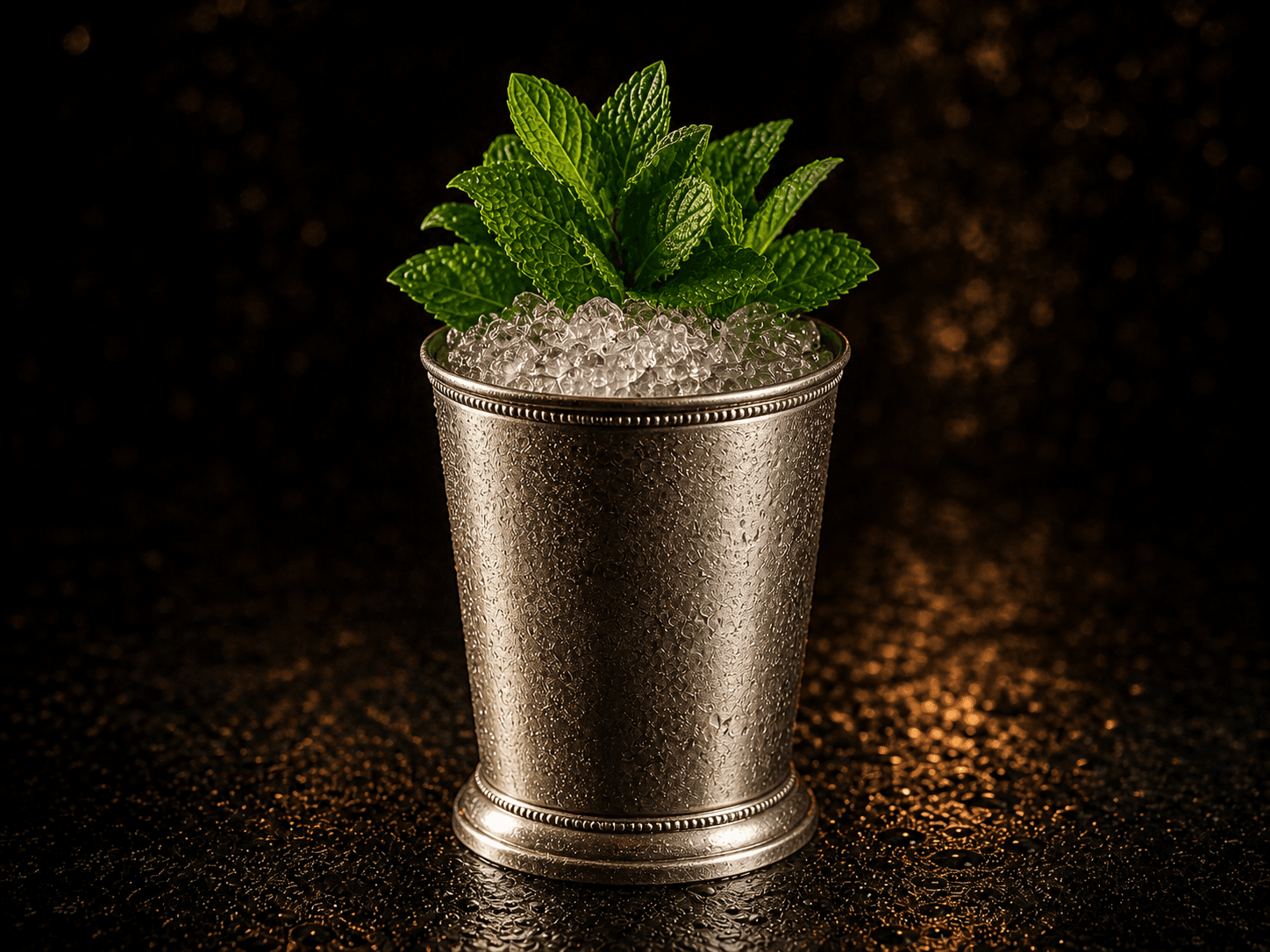 Mint Julep i en silverfärgad julepkopp fylld med krossad is och stor myntabukett.