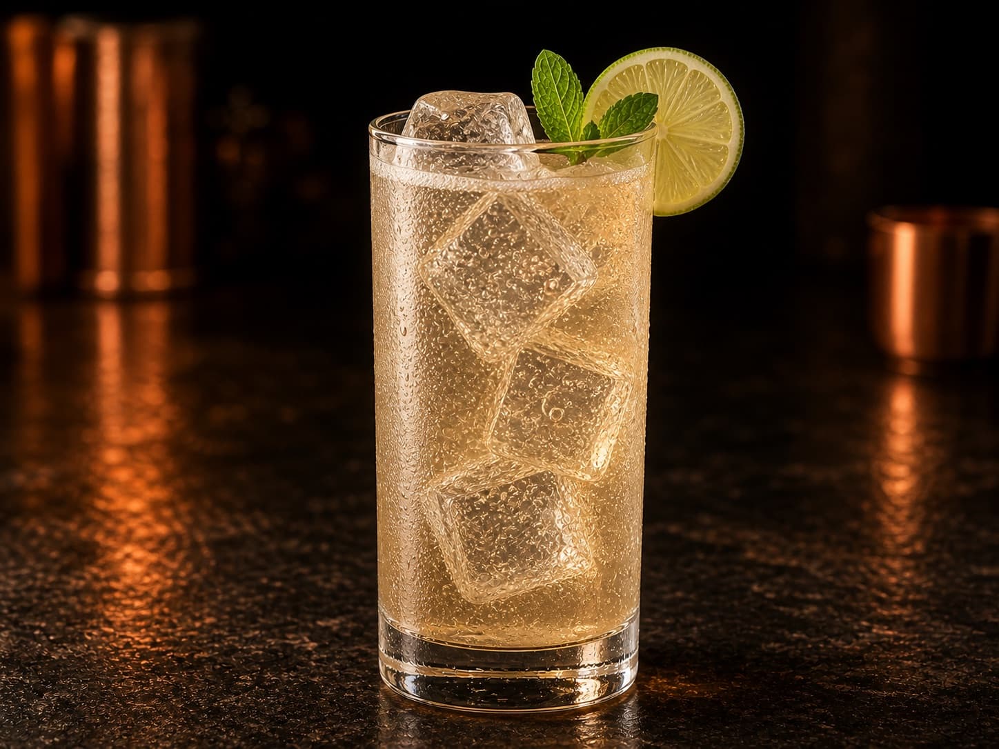 Rum Collins i ett highballglas fyllt med is och klar, bubblig limedrink.