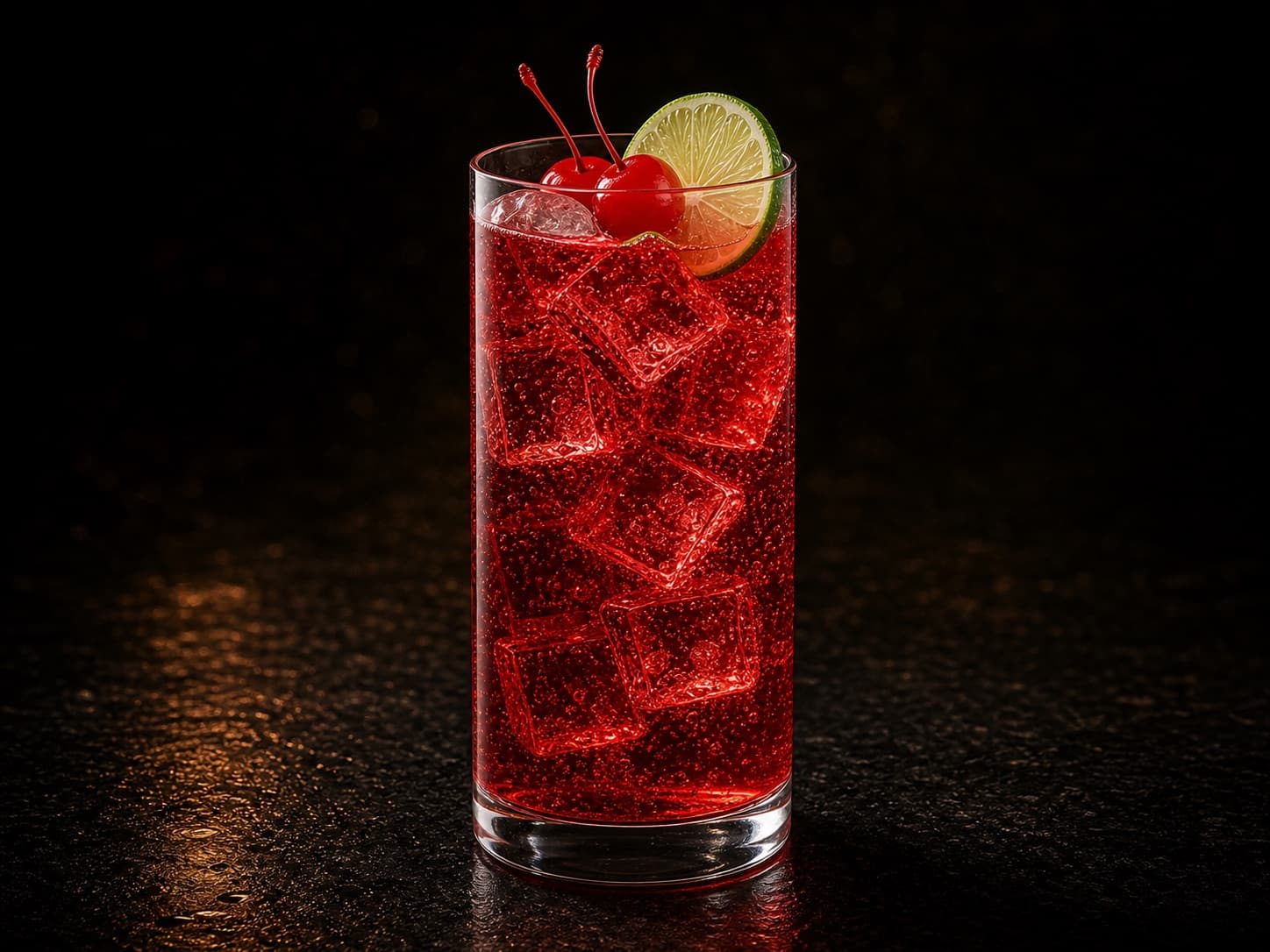Shirley Temple i ett högt glas med röd bubblig drink, is, lime och cocktailkörsbär.