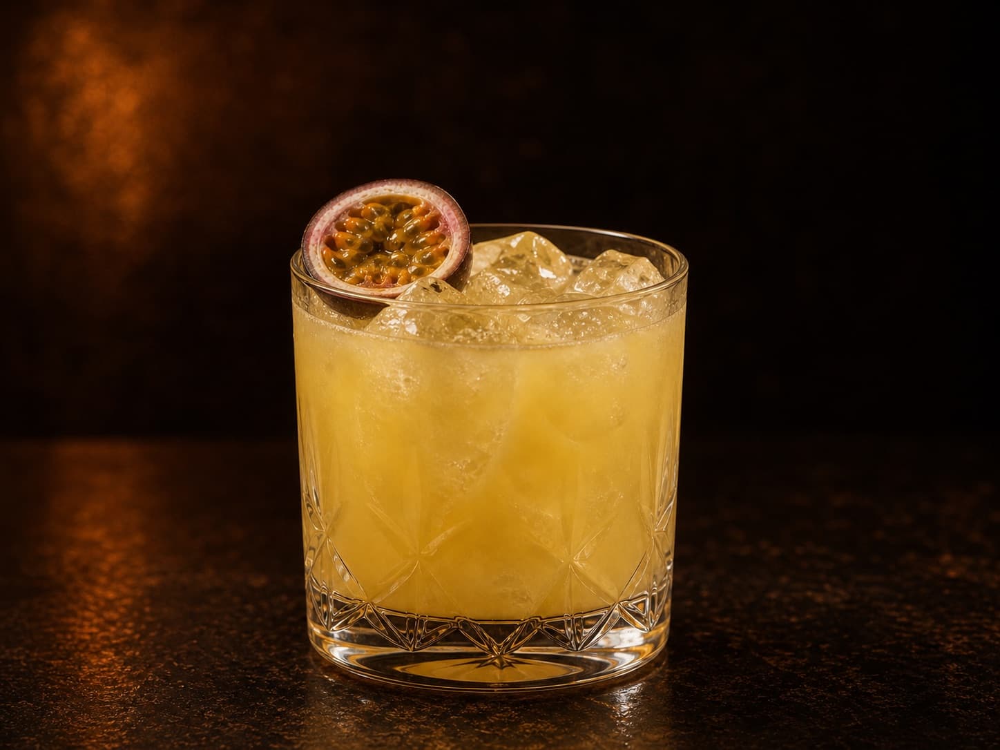 Solero i ett lågt glas med is, ljusgul krämig drink, passionsfrukt och apelsinzest.