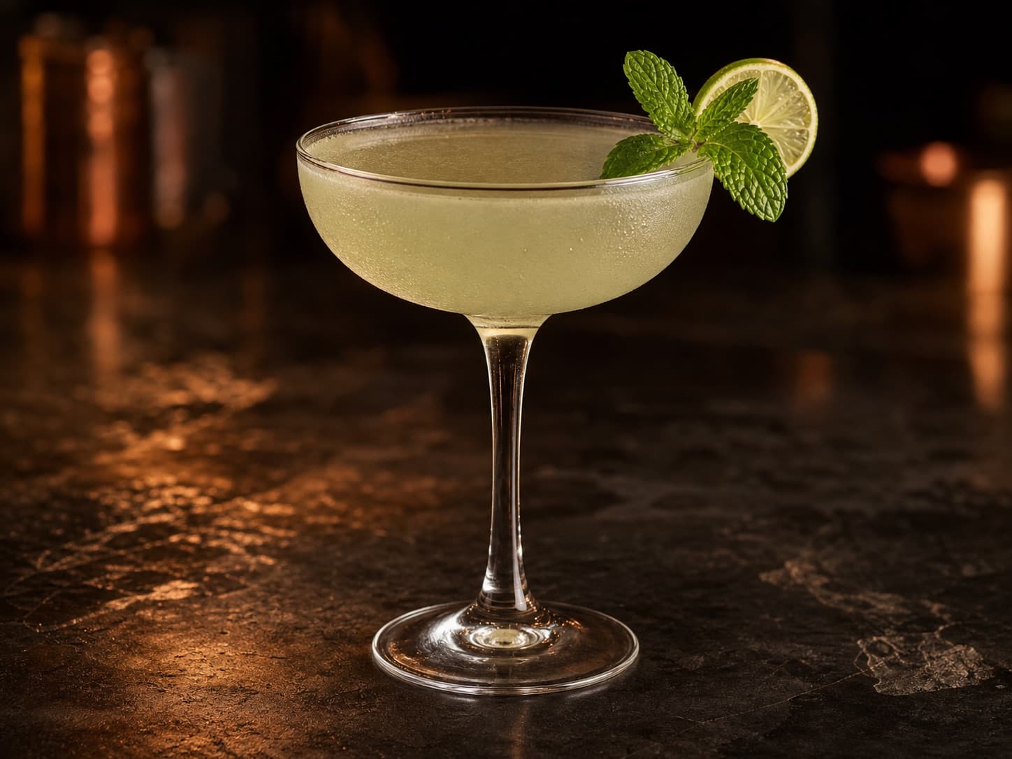 Southside i ett kylt coupeglas med ljusgrön, klar cocktail.