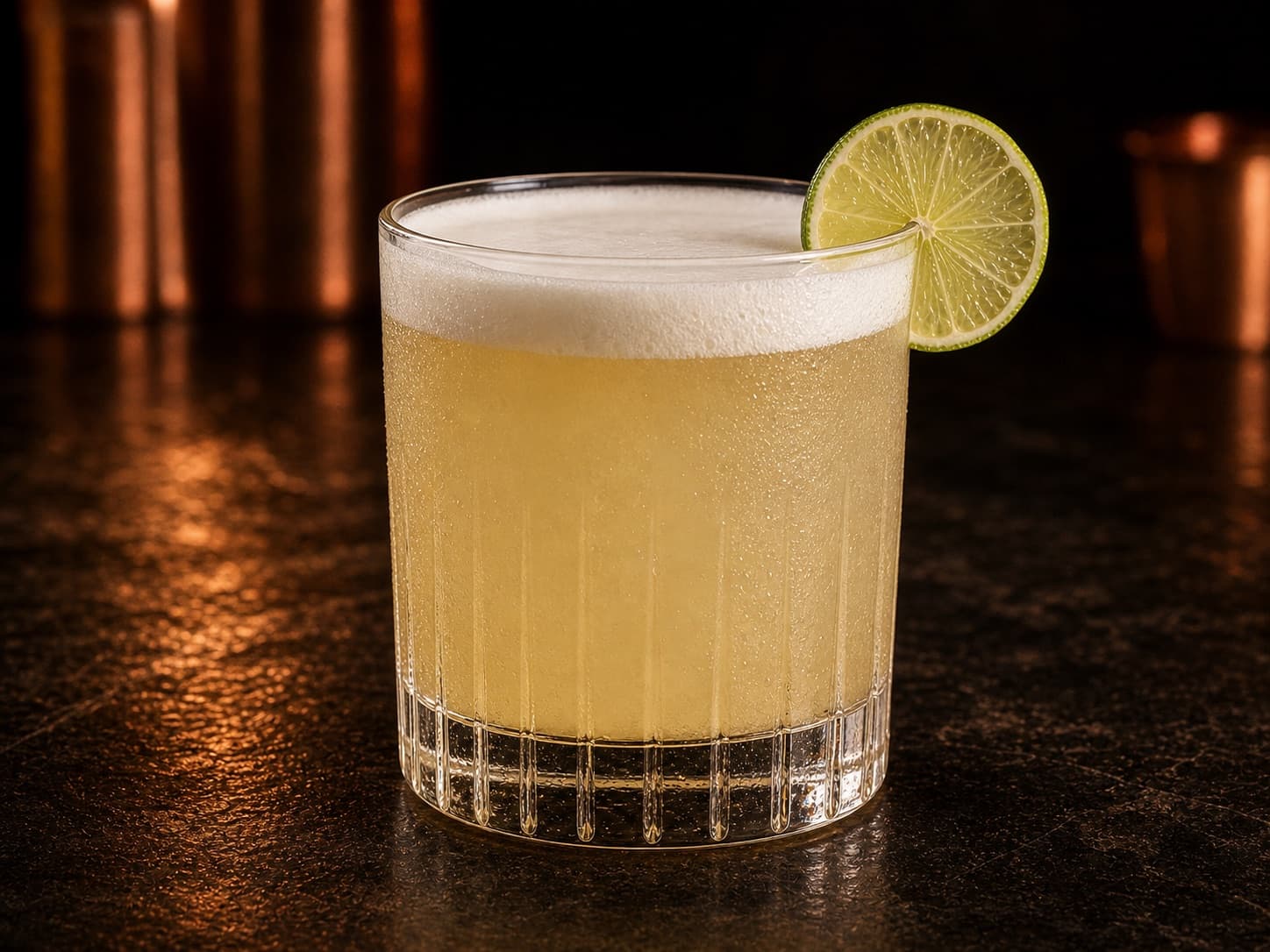 Tequila Sour i ett lågt glas med is, ljust skum och en limeklyfta.