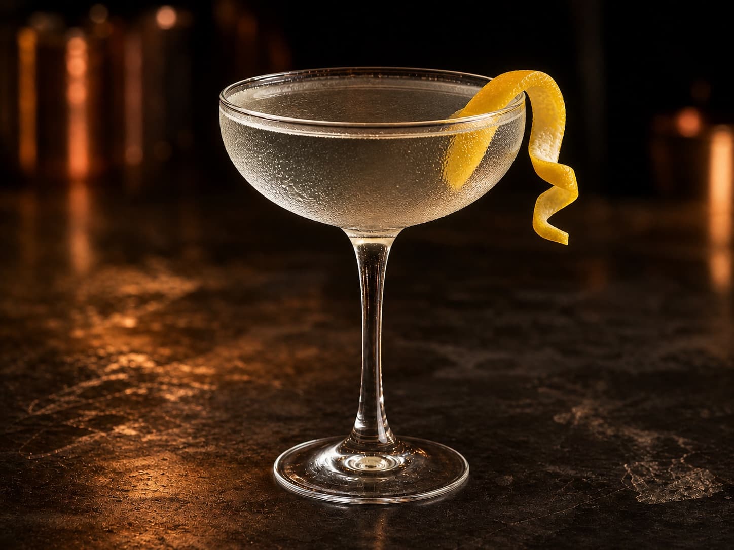 Vesper i ett kylt coupeglas med klar cocktail och en lång citronzest.