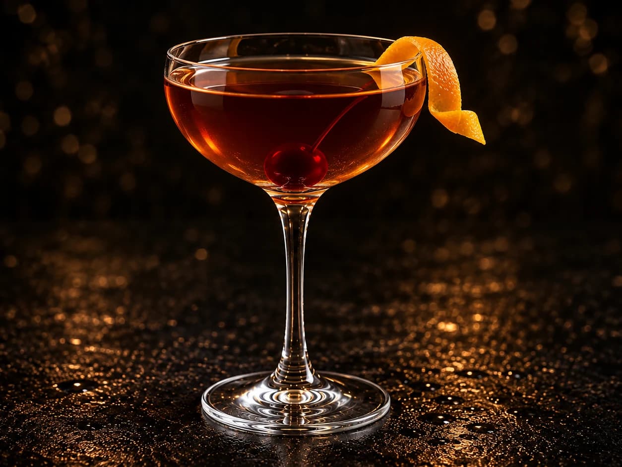 Vieux Carré i ett coupeglas med en klar, mahognyfärgad drink, apelsinzest och ett cocktailkörsbär.