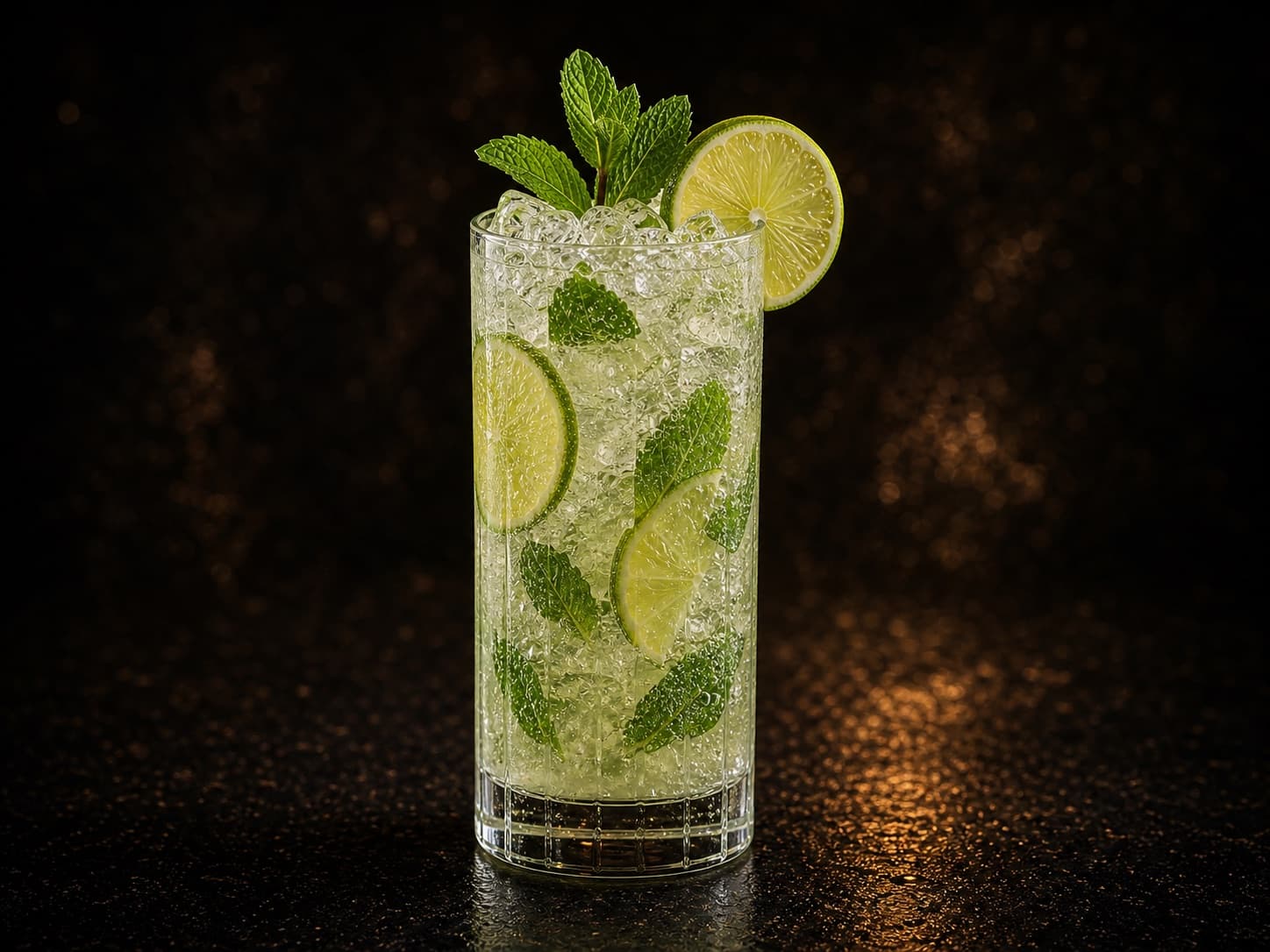 Virgin Mojito i ett högt glas med krossad is, lime och färsk mynta.