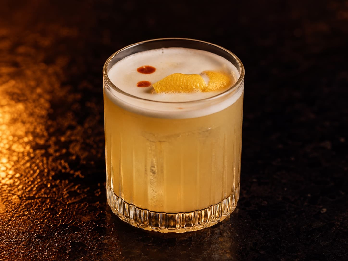 Vodka Sour i ett lågt glas med iskub, ljust skum och citronzest.
