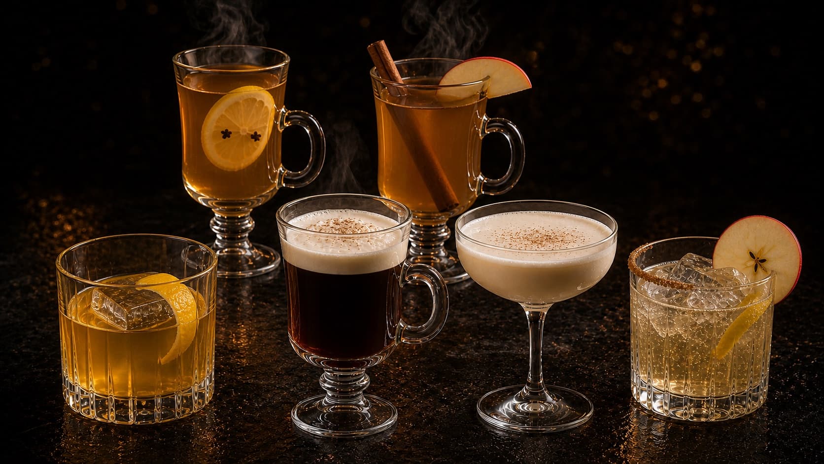 Sex höstdrinkar på en mörk bardisk: Hot Toddy, Varm äppel-toddy, Gold Rush, Irish Coffee, Brandy Alexander och Äpple & Honung 0%.