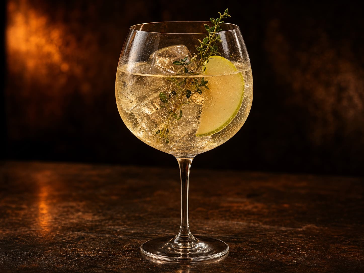 Äpple & Timjan Gin & Tonic i ett stort vinglas med is, äppelskiva och timjan.