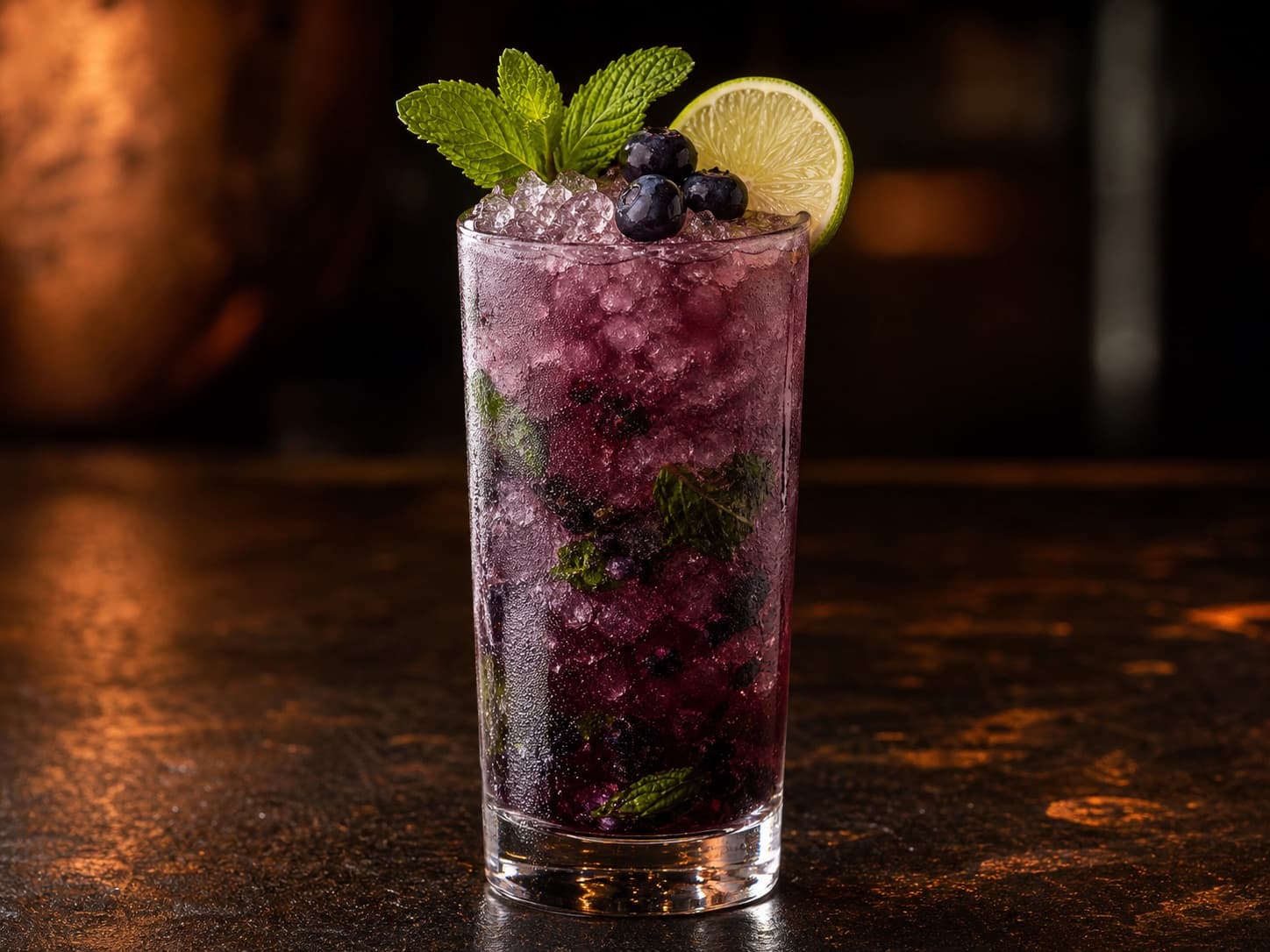 Blåbärsmojito Mocktail i ett högt glas med krossad is, mynta och blåbär.