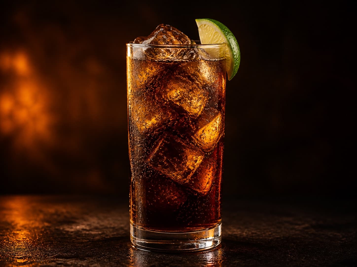 Cuba Libre i ett highballglas fyllt med is och mörk cola.