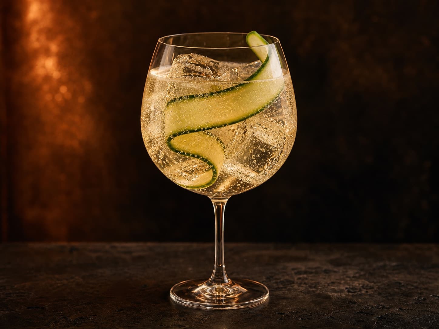 Gurka & Fläder Spritz i ett stort vinglas med is och en lång gurkremsa.