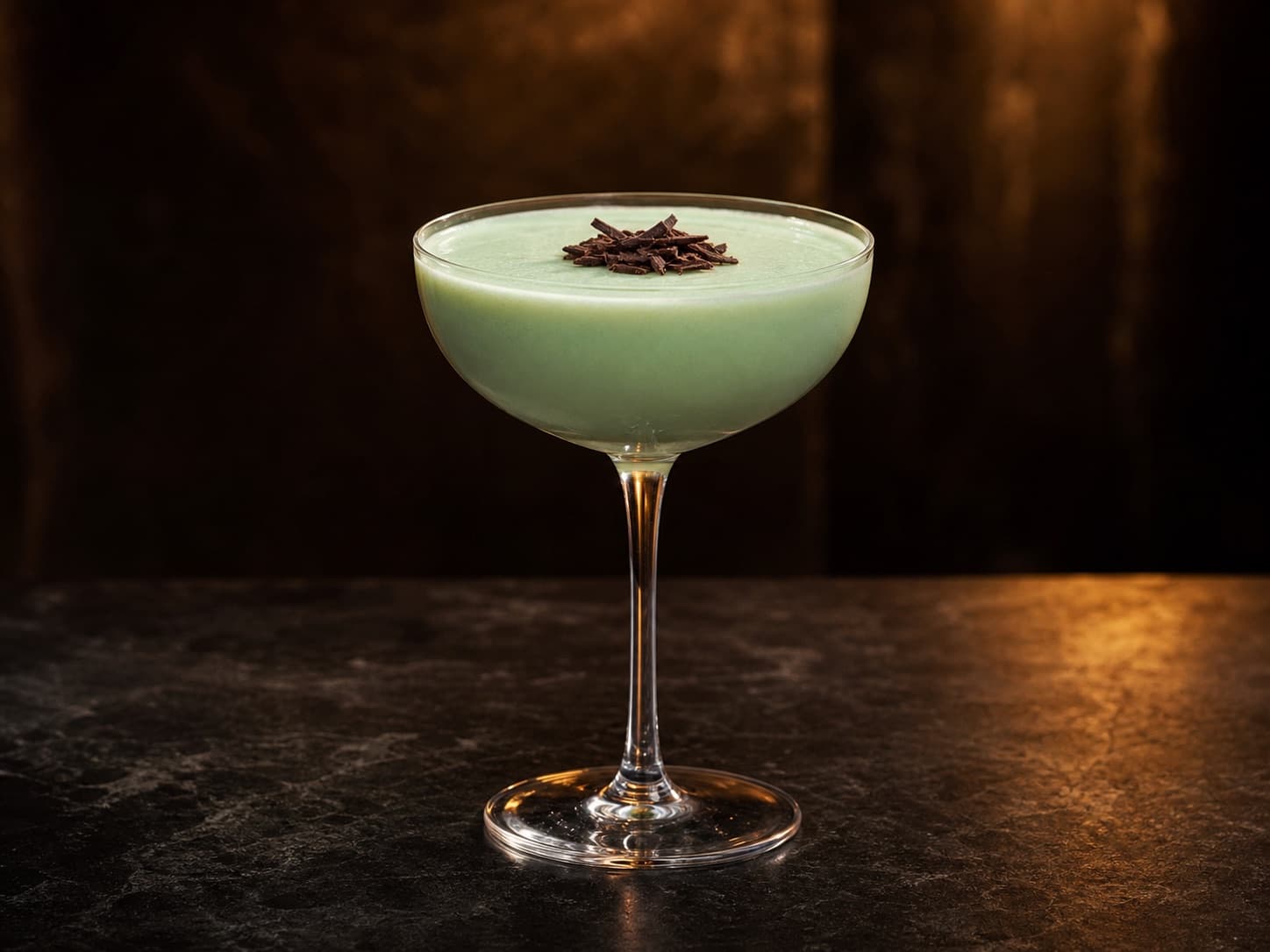 Grasshopper i ett kylt coupeglas med ljusgrön krämig cocktail och chokladspån.