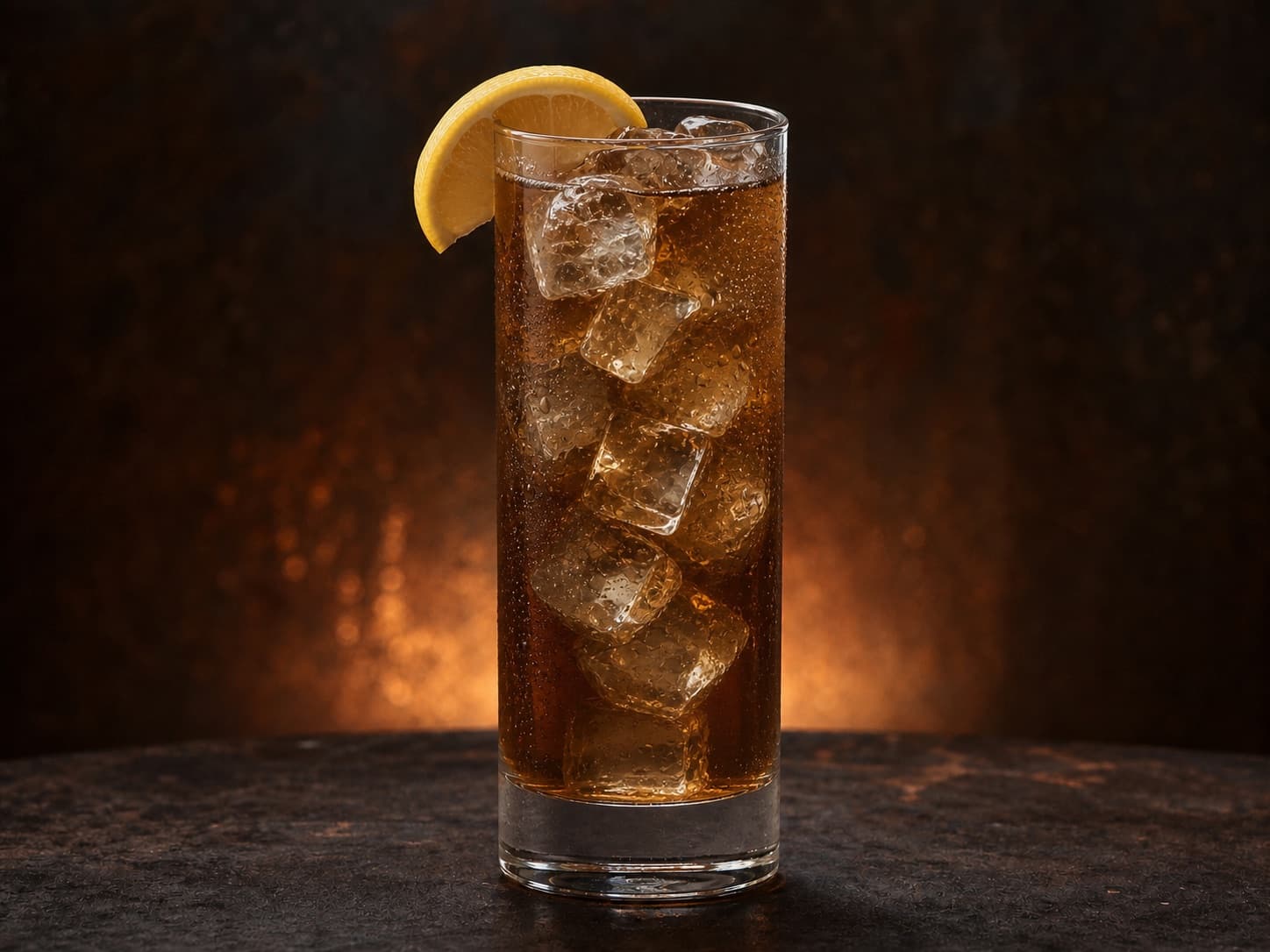 Long Island Iced Tea i ett högt glas med is, mörk colafärg och citronklyfta.