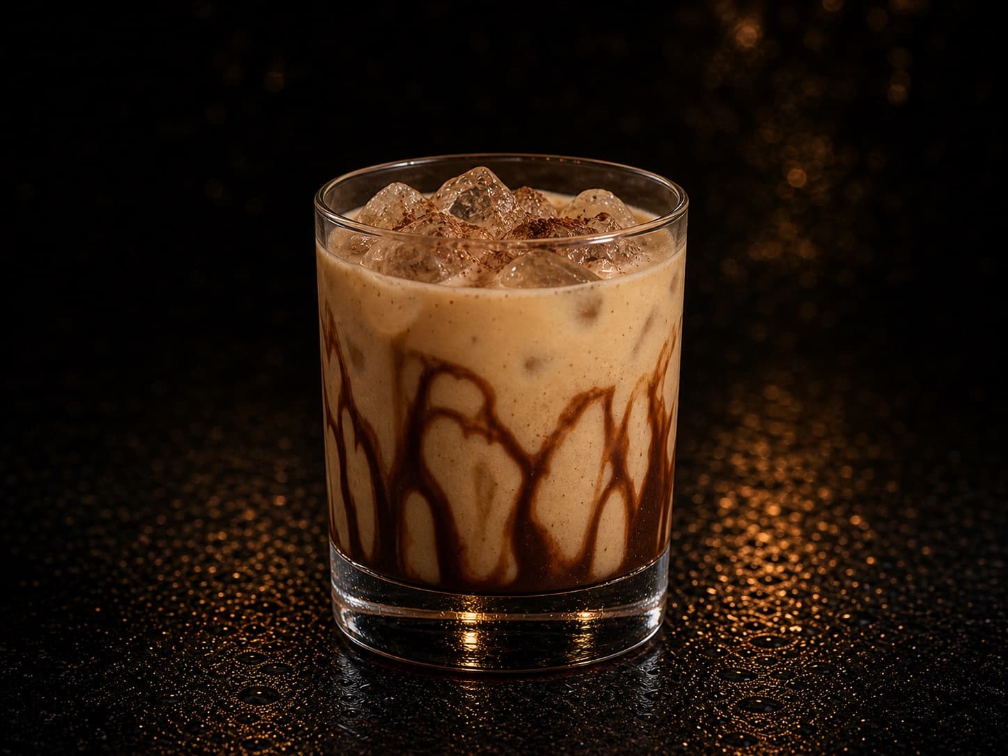 Mudslide i ett lågt glas med krämig kaffefärgad cocktail, is och chokladslingor.